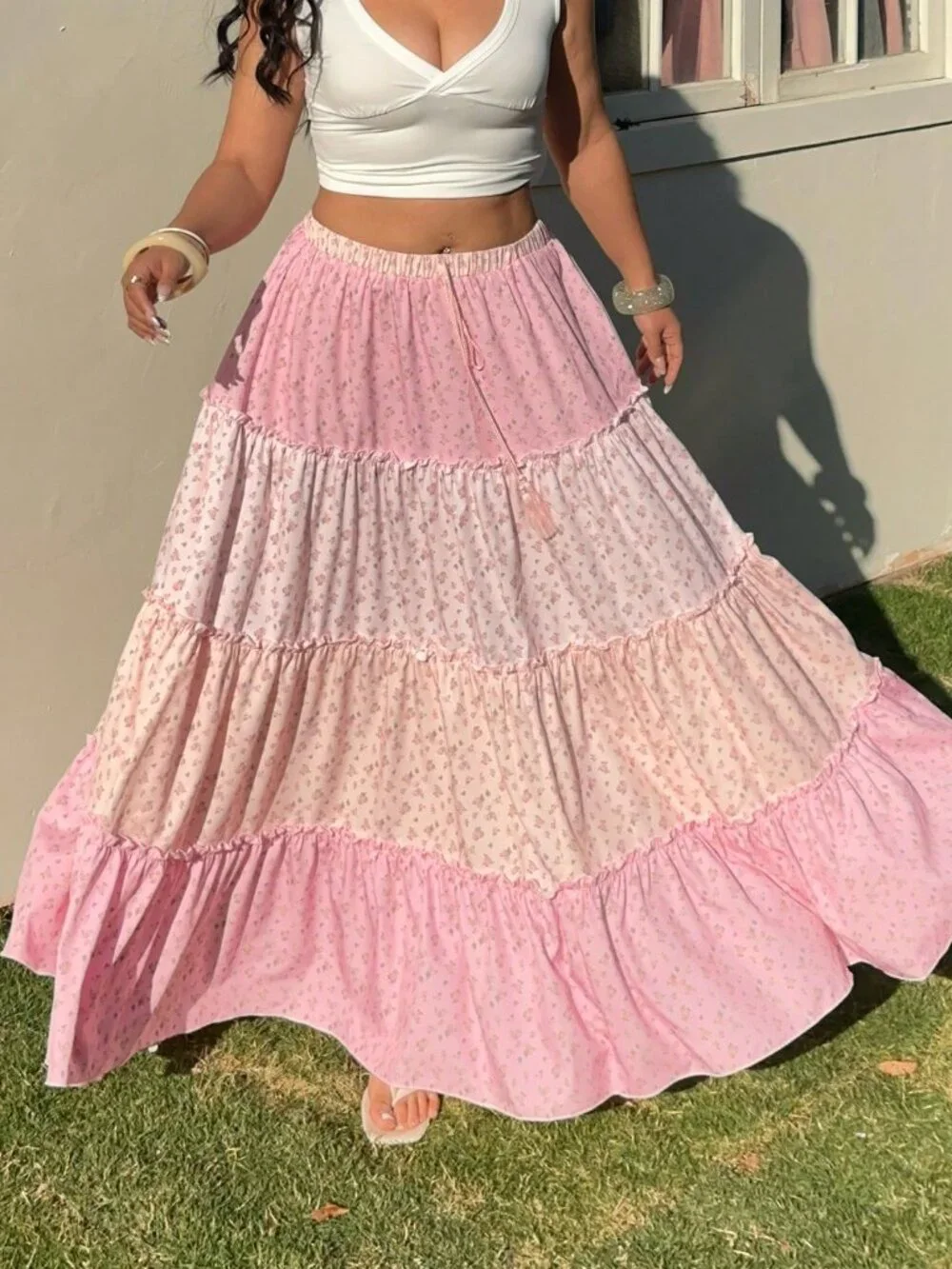 Multicolor Boho Women's Plus Size Floral Picnic Maxi Skirt with Layered Ruffle